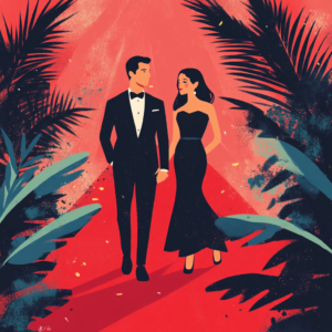 Illustrazione di una coppia in abiti da sera cammina su un red carpet