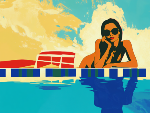 Illustrazione: una ragazza sola e sconsolata che sembra delusa dall'ultimo appuntamento e ora si annoia a bordo piscina