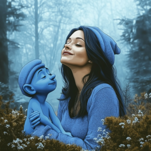 Una ragazza e un puffo innamorati nel bosco